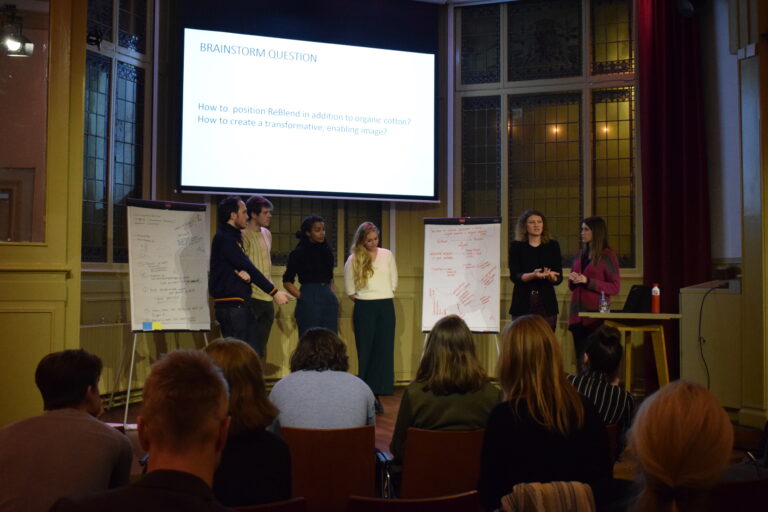 Group of six people presenting brainstorm ideas to audience